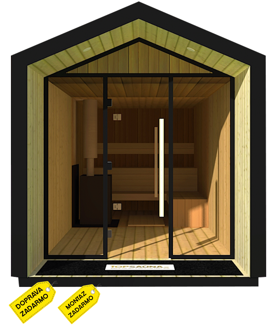 Exteriérová fínska sauna Kilpi Relax 450x210cm Smrek/TWosika s relaxačnou miestnosťou a terasou